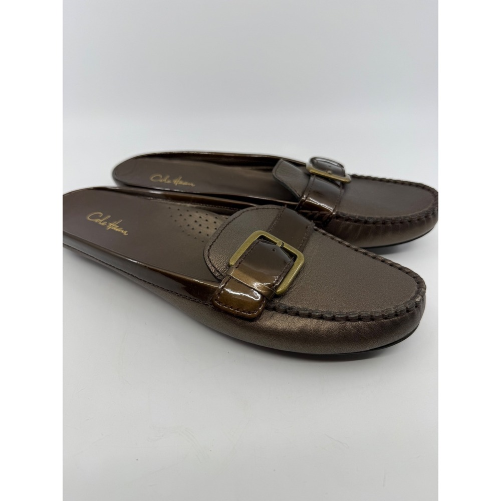 Cole Haan Bronze Leather Buckle Mules Slides Brown Patent Trim Flat Shoes Sz 9B